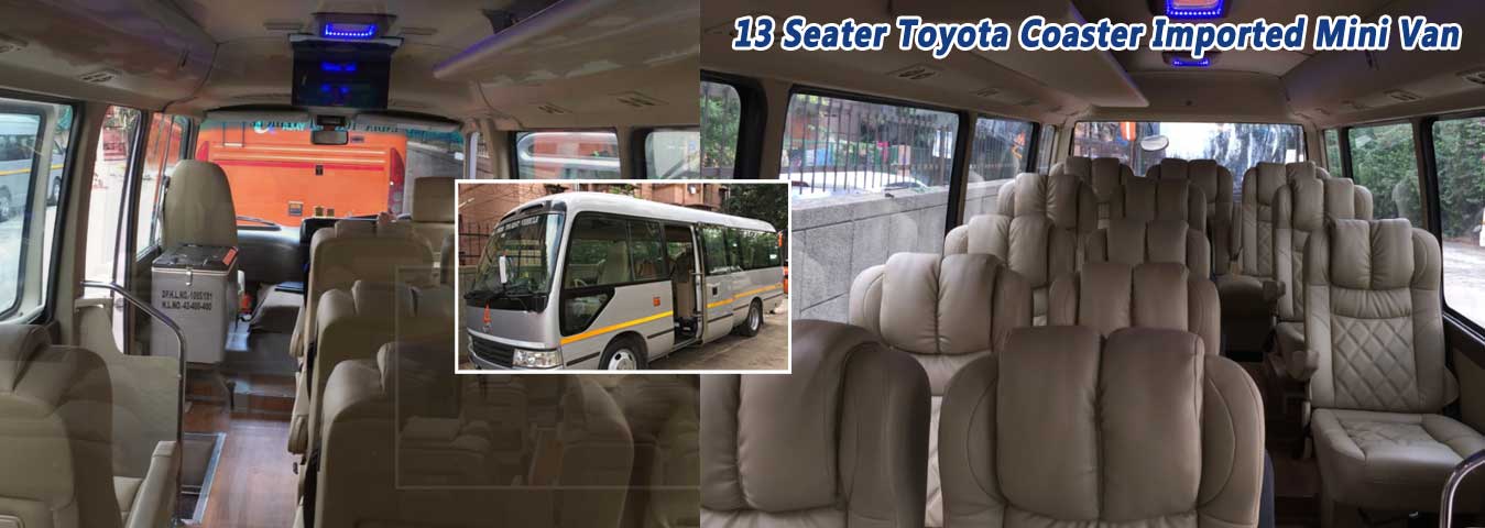 13 seater toyota coaster big modified seats mini coach hire delhi